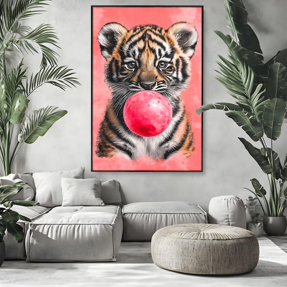 Tablou canvas cu ilustratie pui de tigru cu guma roz, in rama de aluminiu negru, pe perete intr-un living